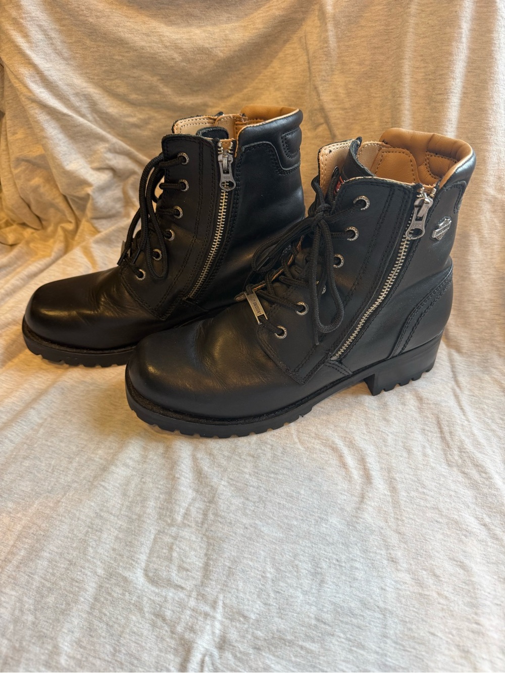 Harley-Davidson Black Leather Lace-Up Moto Ankle Boots with Side Zipper